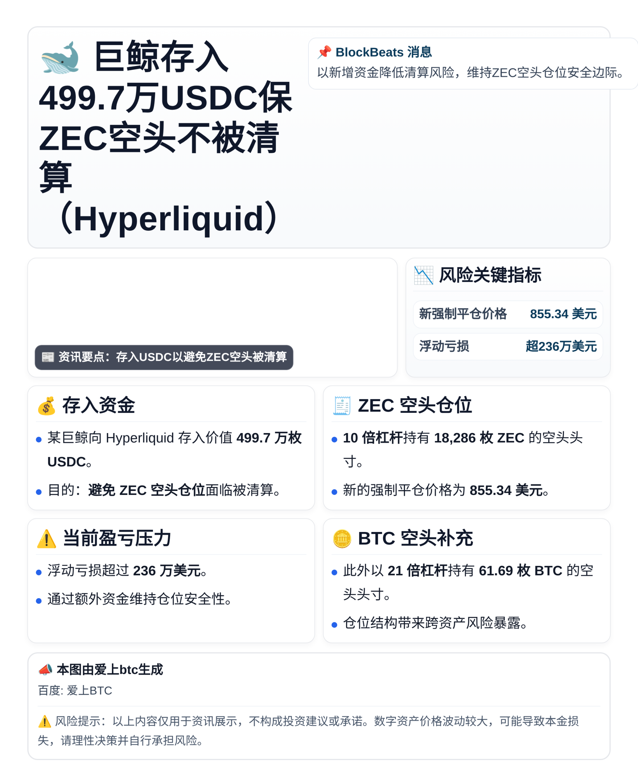 巨鲸存入499.7万USDC保ZEC空头不被清算（Hyper
