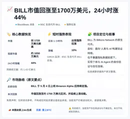 BILL市值回涨至1700万美元，24小时涨44%