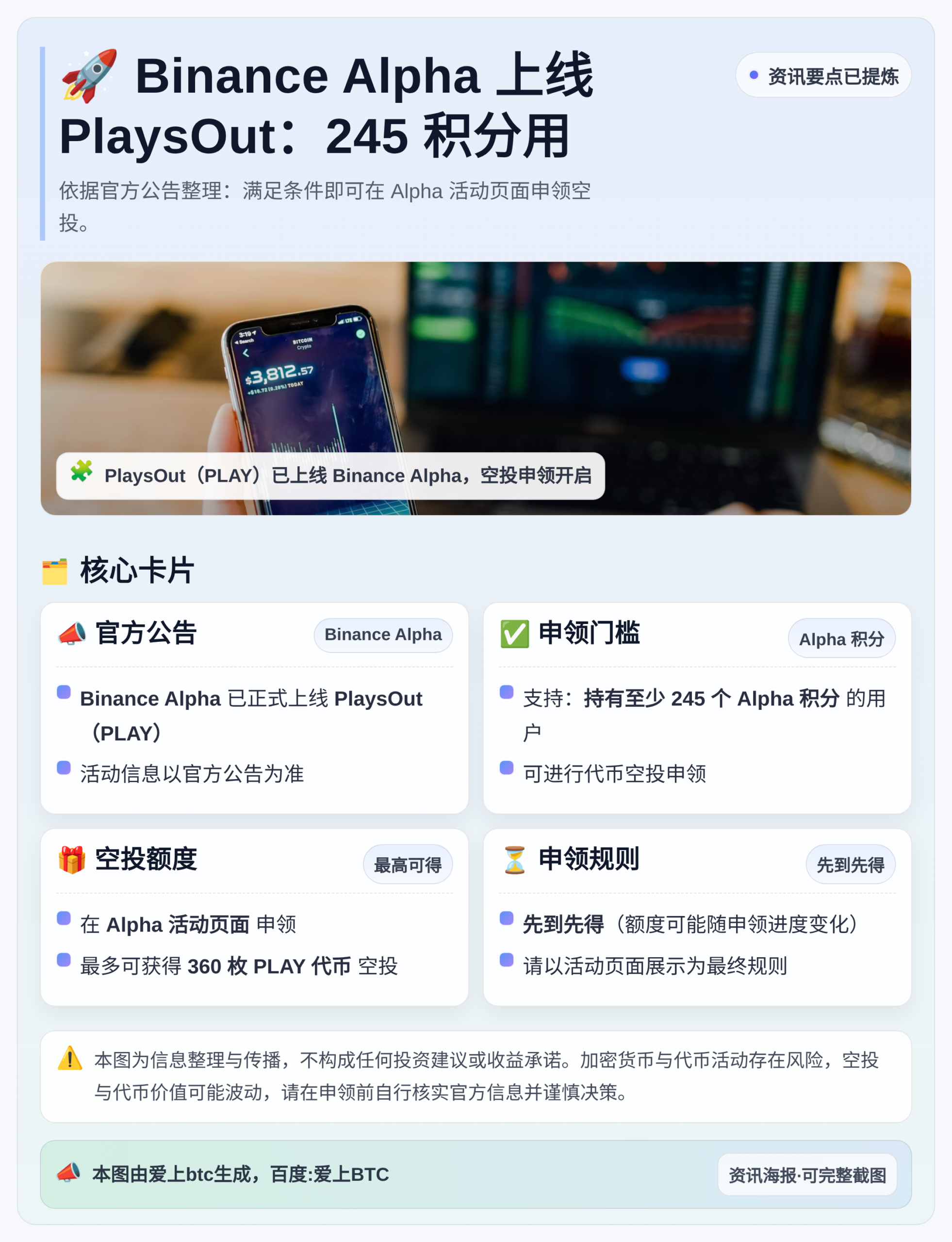 Binance Alpha上线PlaysOut：245积分用