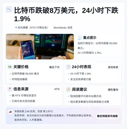 比特币跌破8万美元，24小时下跌1.9%
