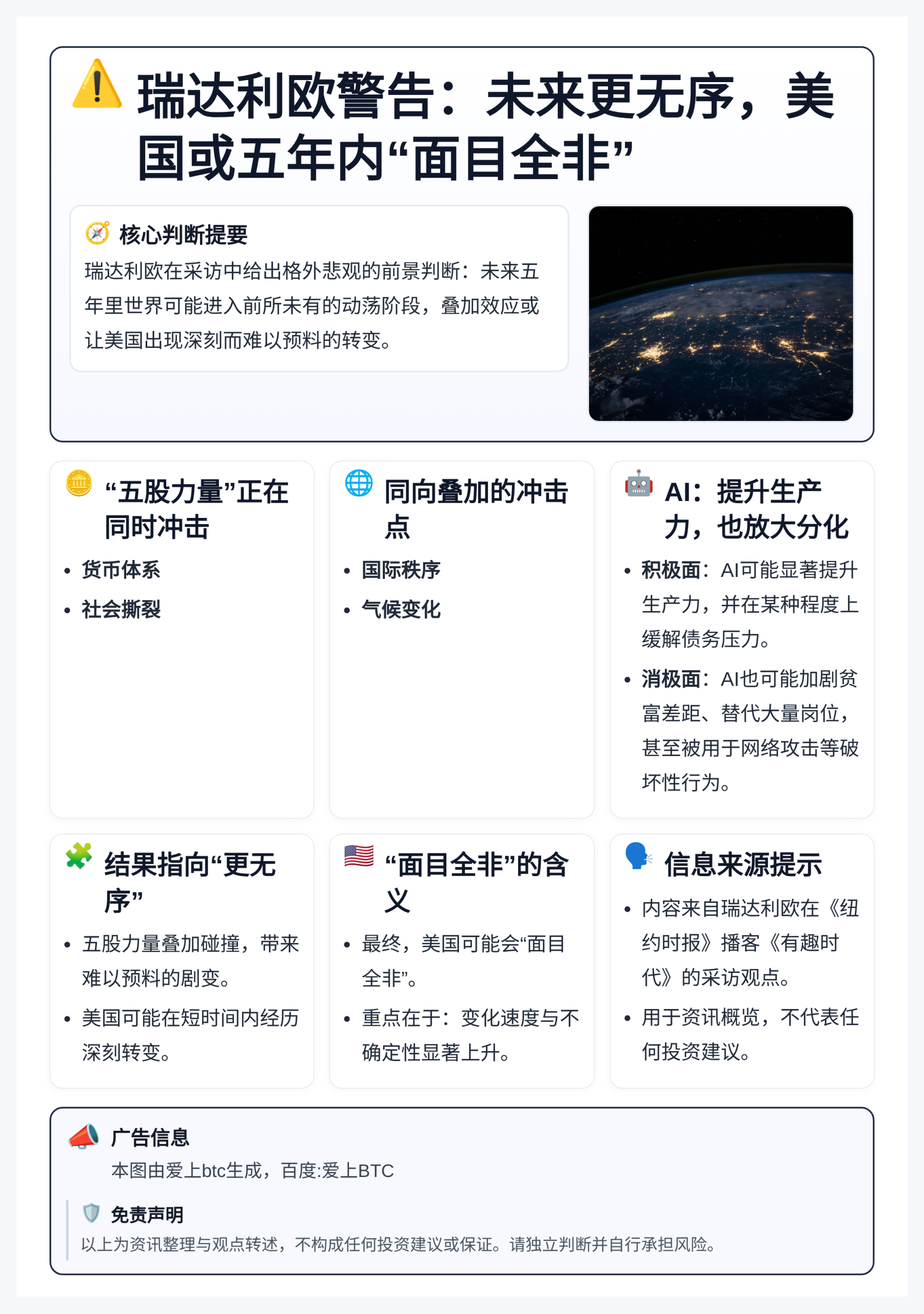 瑞达利欧警告：未来更无序，美国或五年内“面目全非”