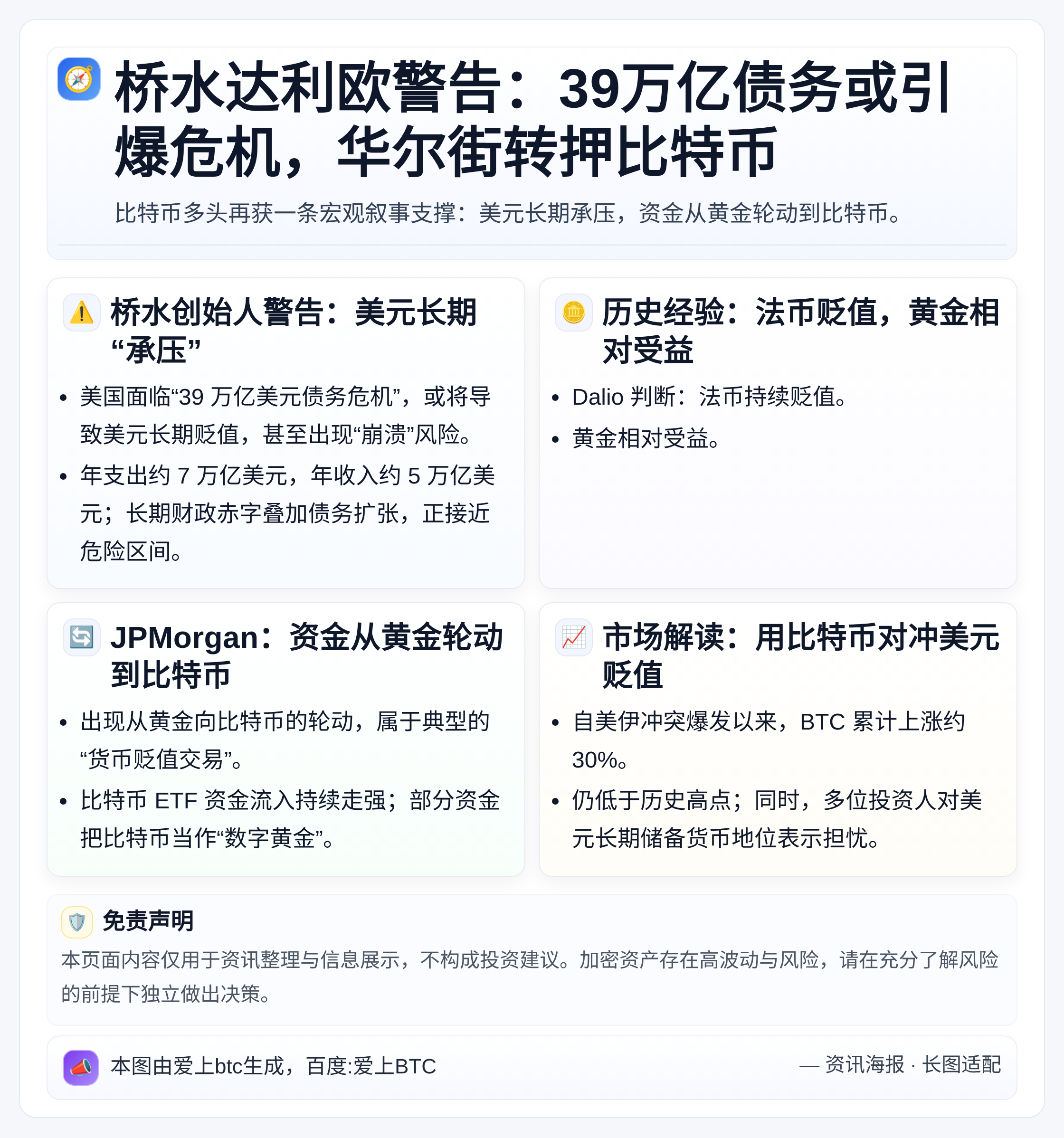 桥水达利欧警告：39万亿债务或引爆危机，华尔街转押比特币