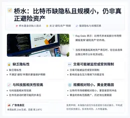 桥水：比特币缺隐私且规模小，仍非真正避险资产