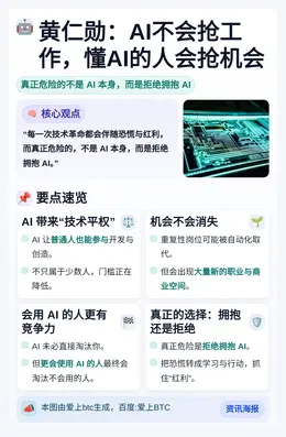 黄仁勋：AI不会抢工作，懂AI的人会抢机会