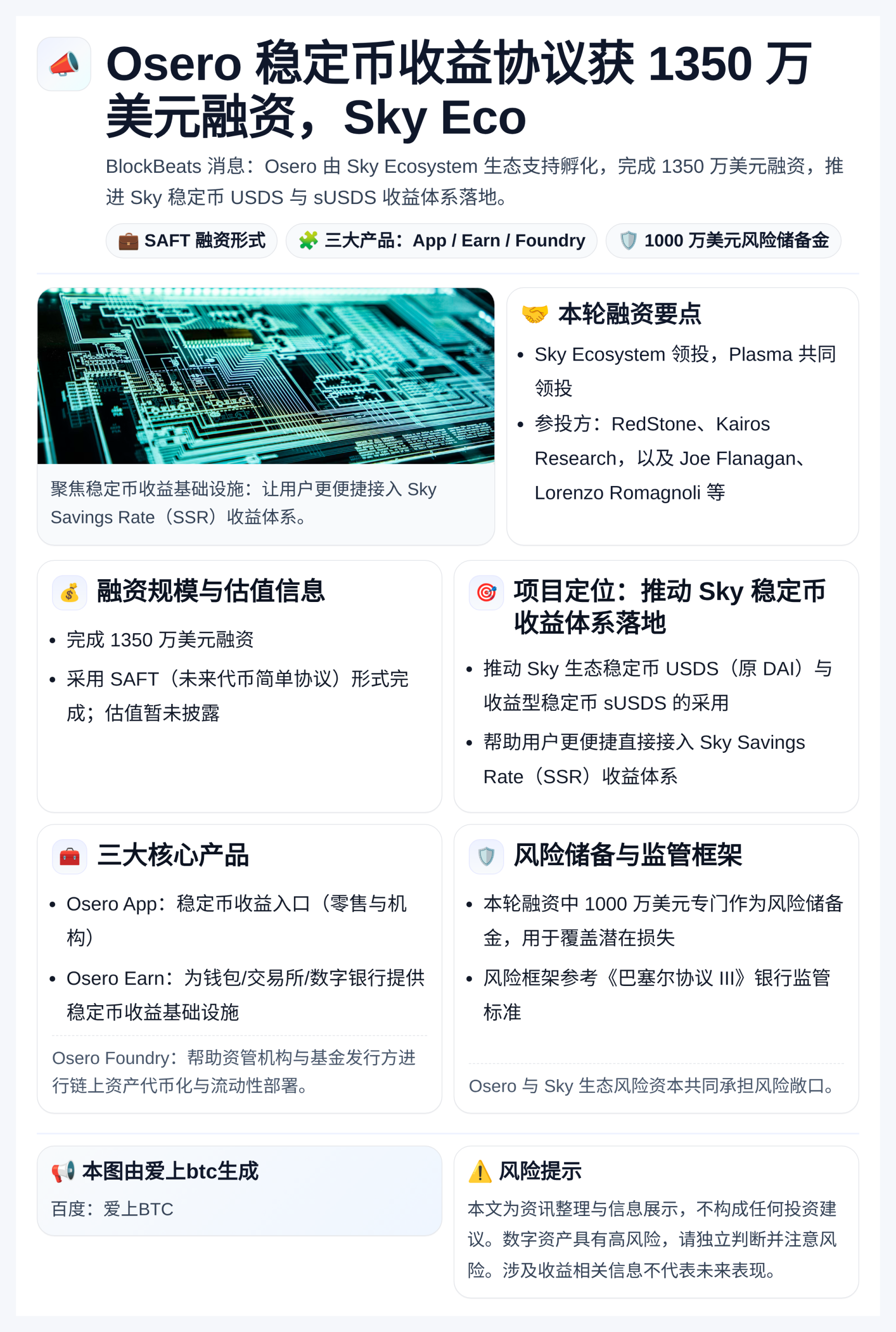 Osero稳定币收益协议获1350万美元融资，Sky Eco
