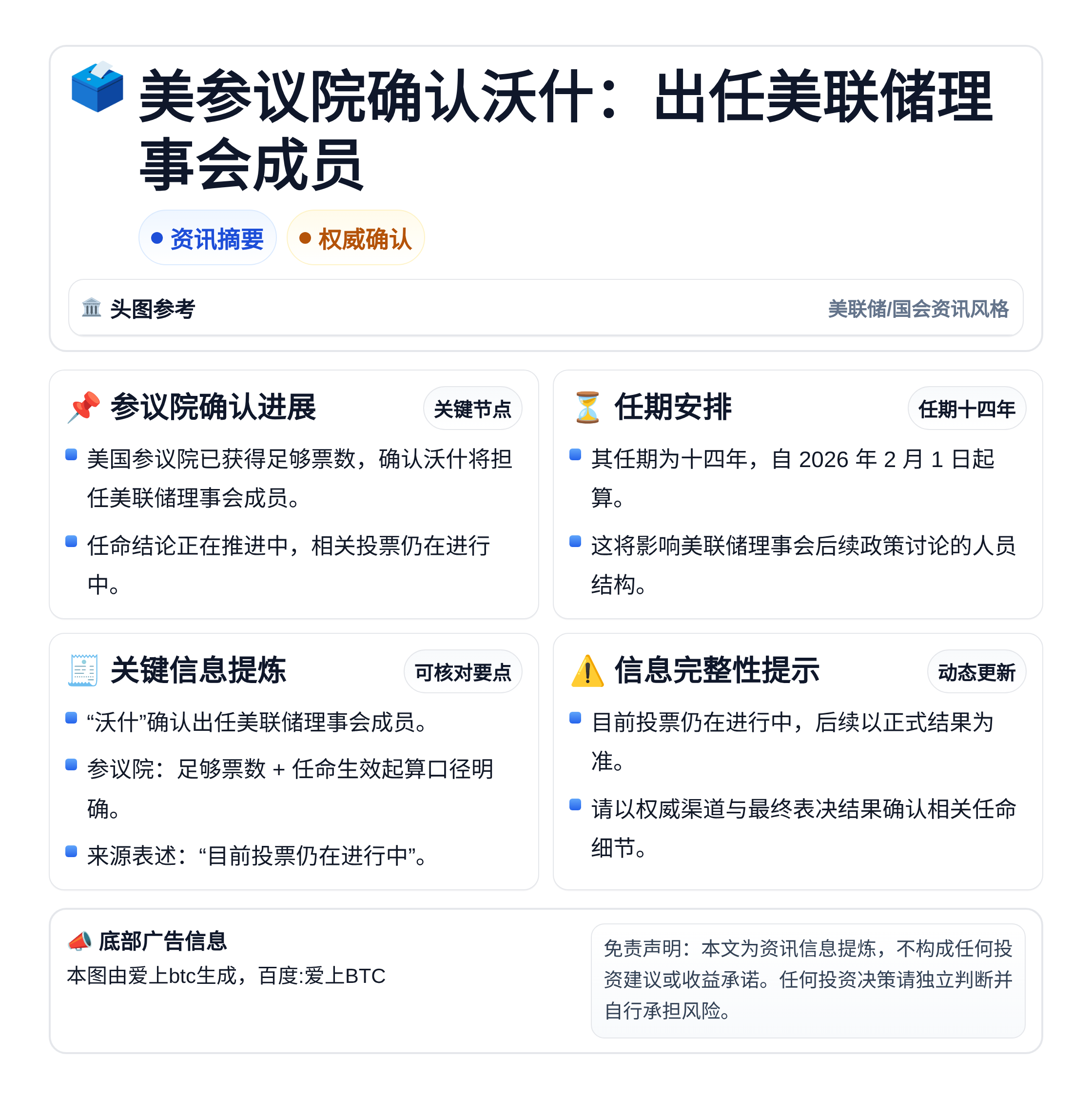 美参议院确认沃什：出任美联储理事会成员