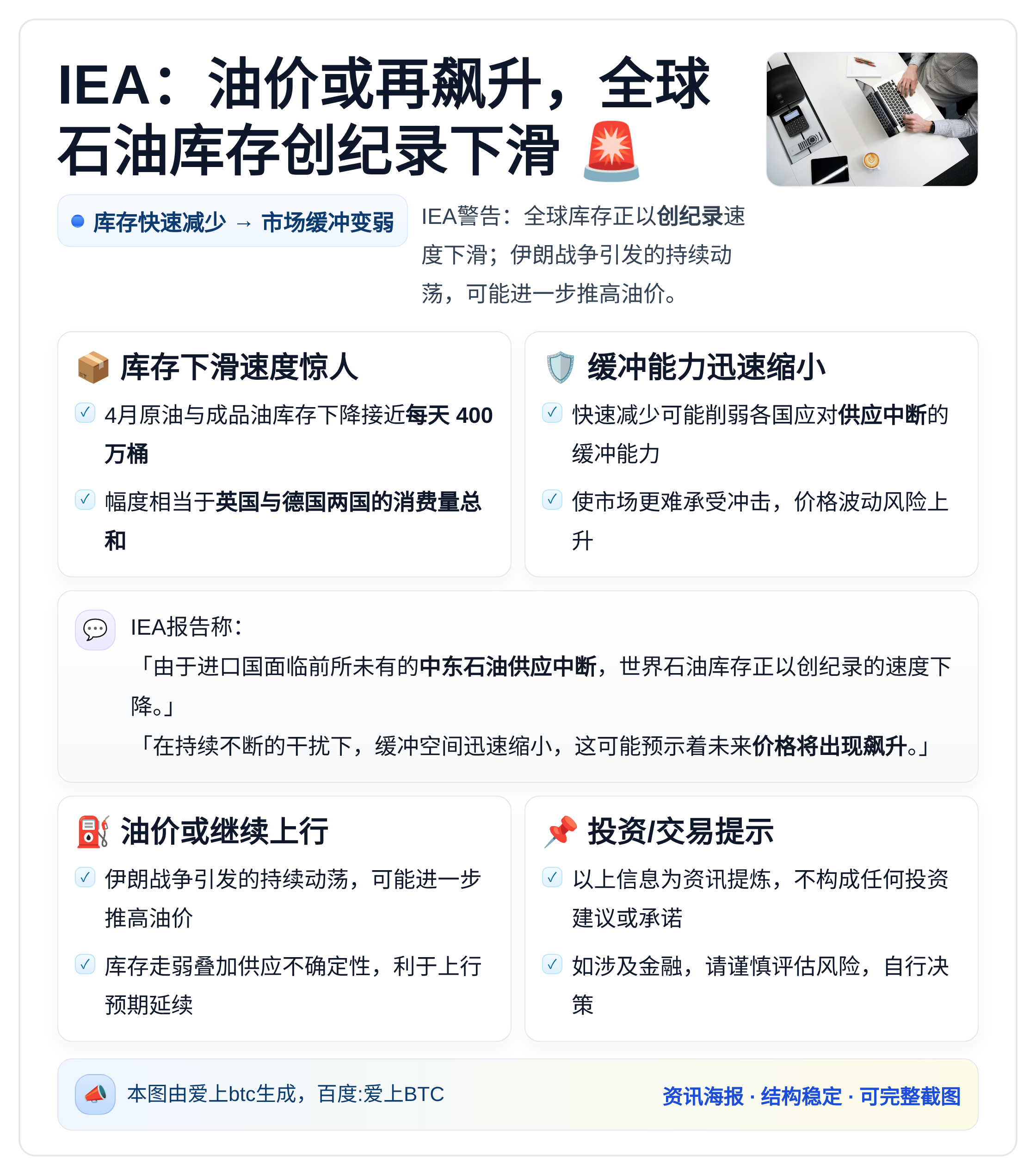 IEA：油价或再飙升，全球石油库存创纪录下滑