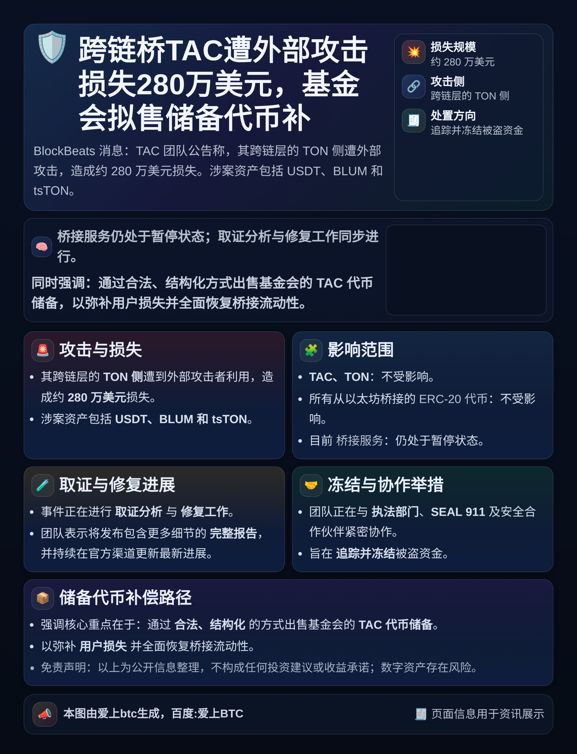 跨链桥TAC遭外部攻击损失280万美元，基金会拟售储备代币补