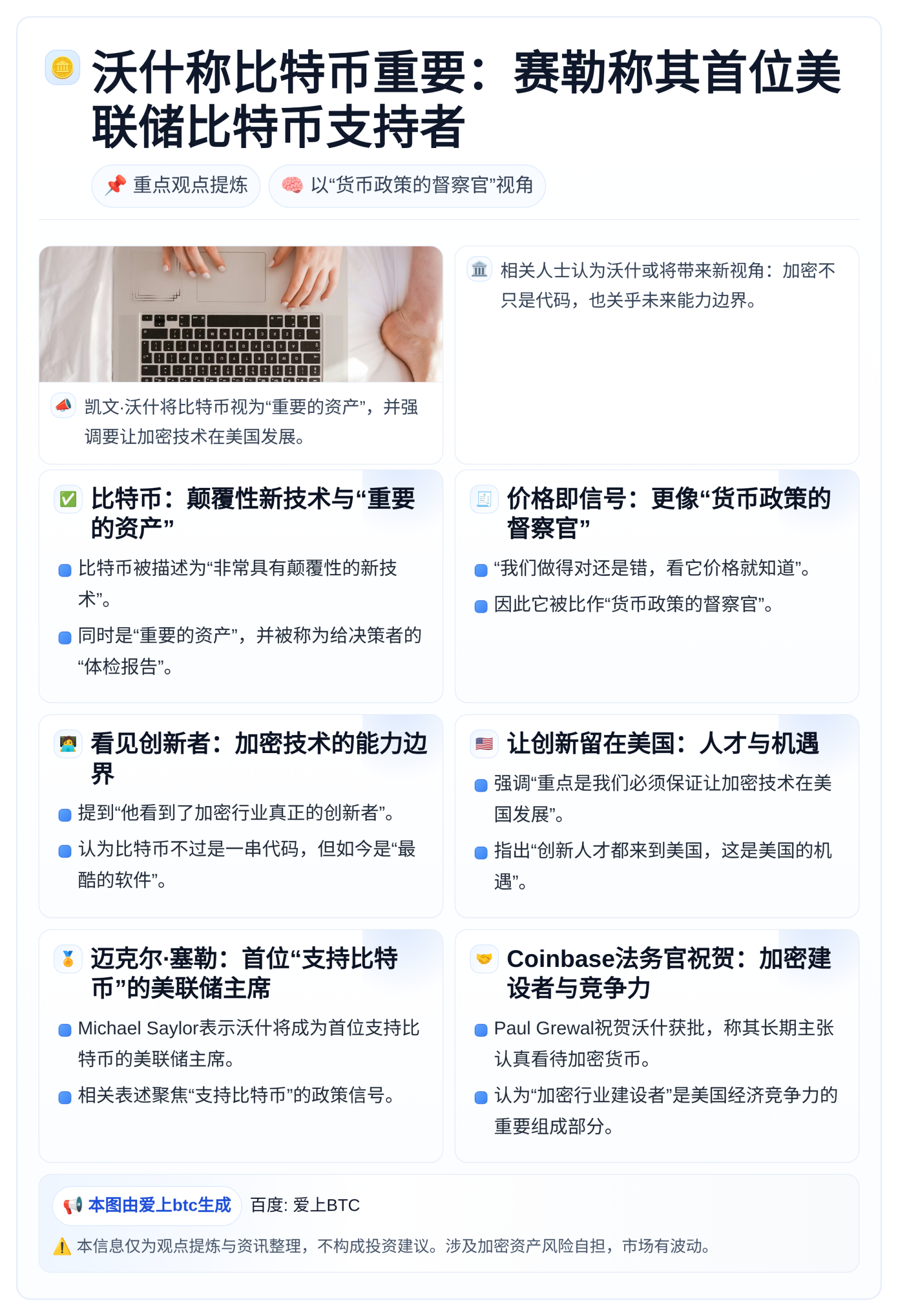 沃什称比特币重要：赛勒称其首位美联储比特币支持者