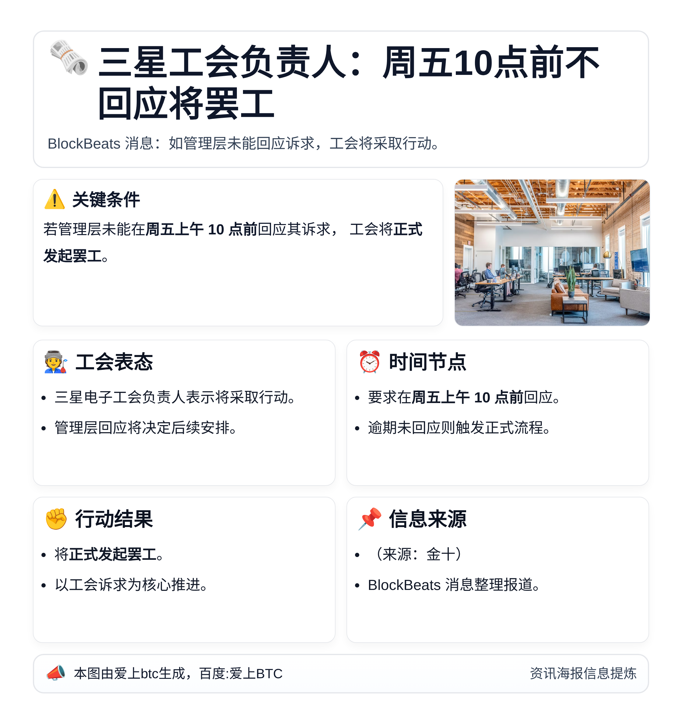 三星工会负责人：周五10点前不回应将罢工