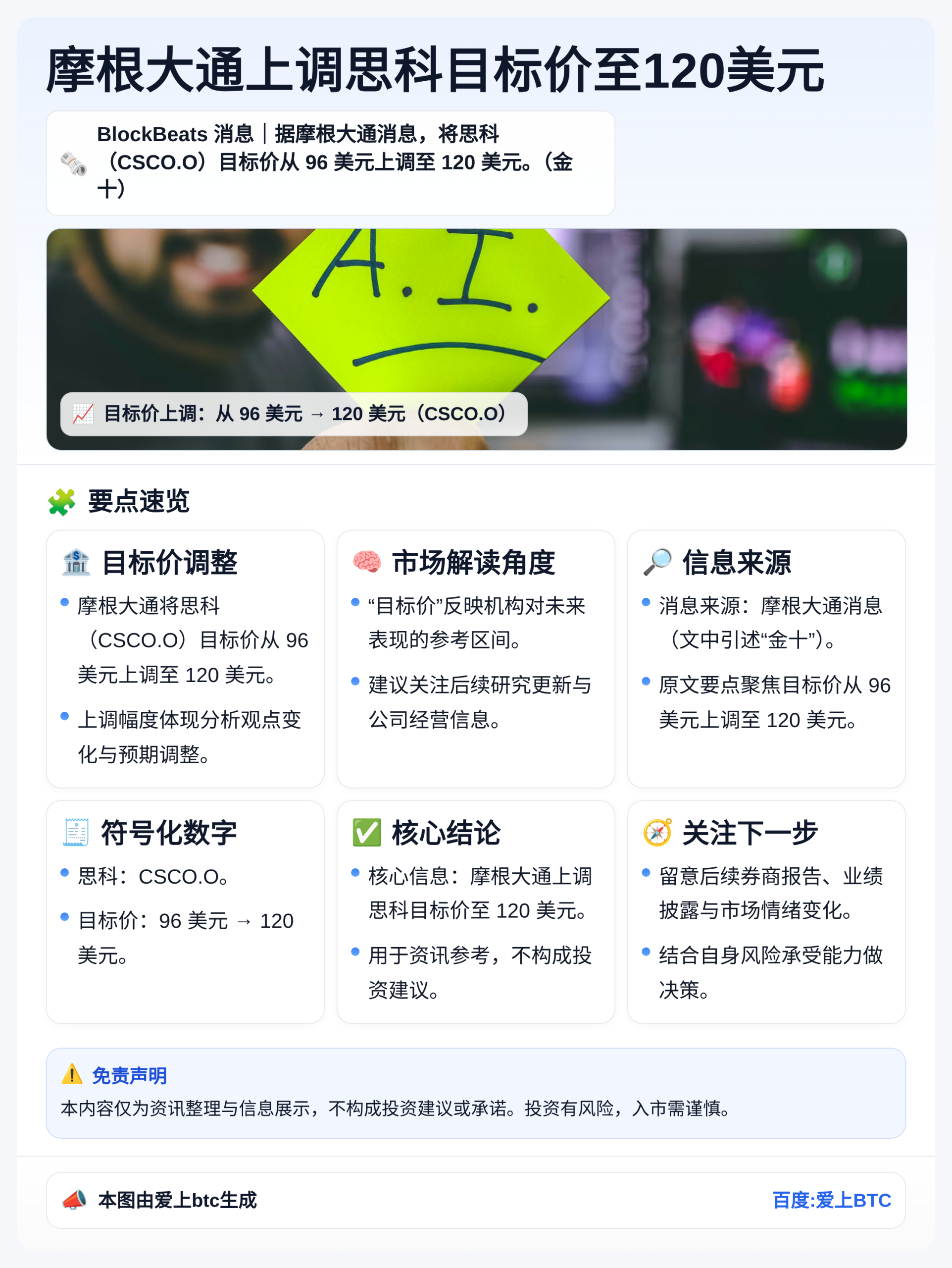 摩根大通上调思科目标价至120美元