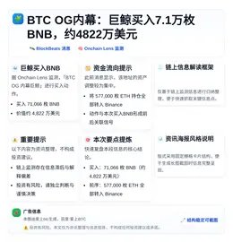BTC OG内幕：巨鲸买入7.1万枚BNB，约4822万美元