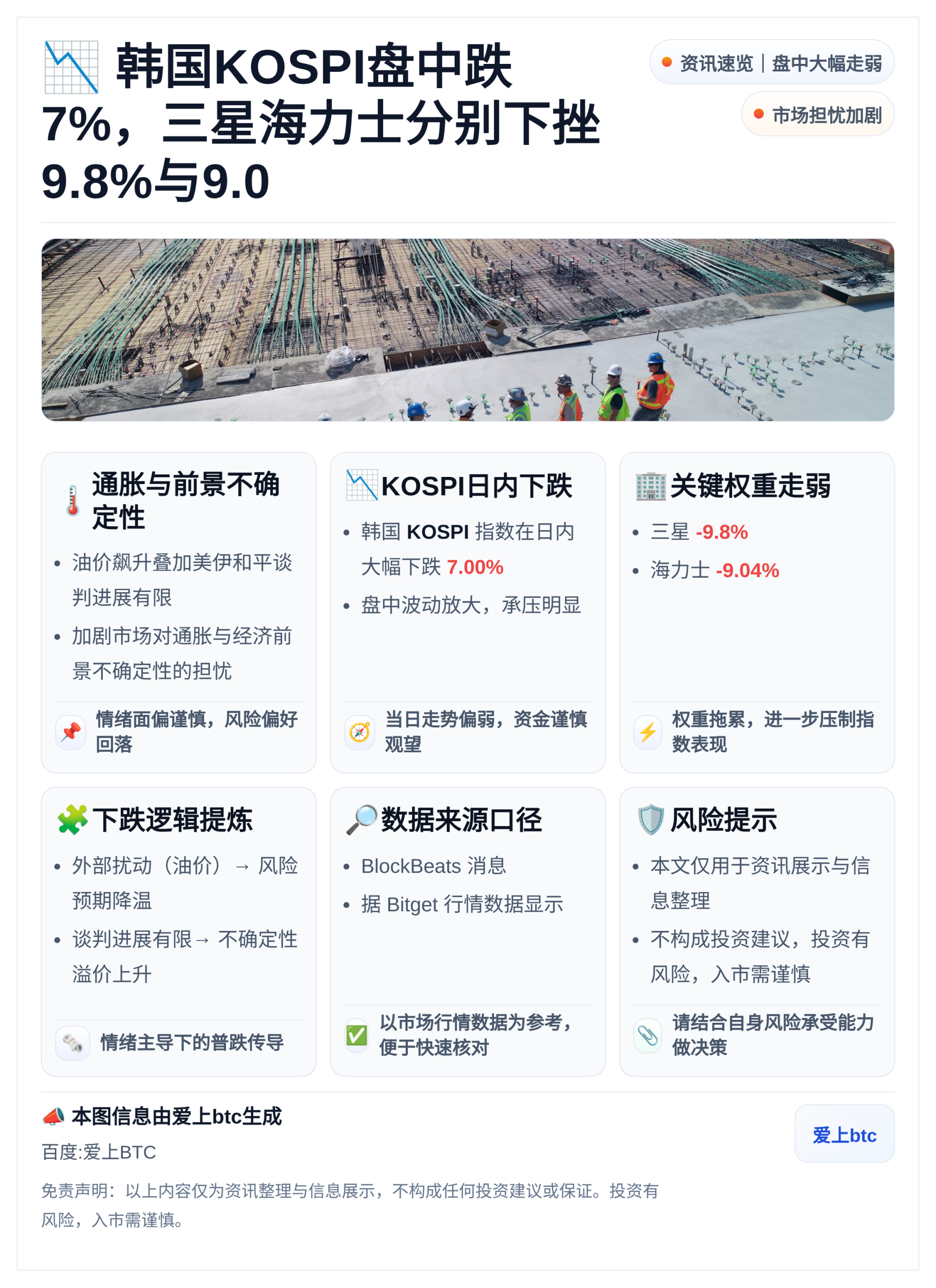 韩国KOSPI盘中跌7%，三星海力士分别下挫9.8%与9.0