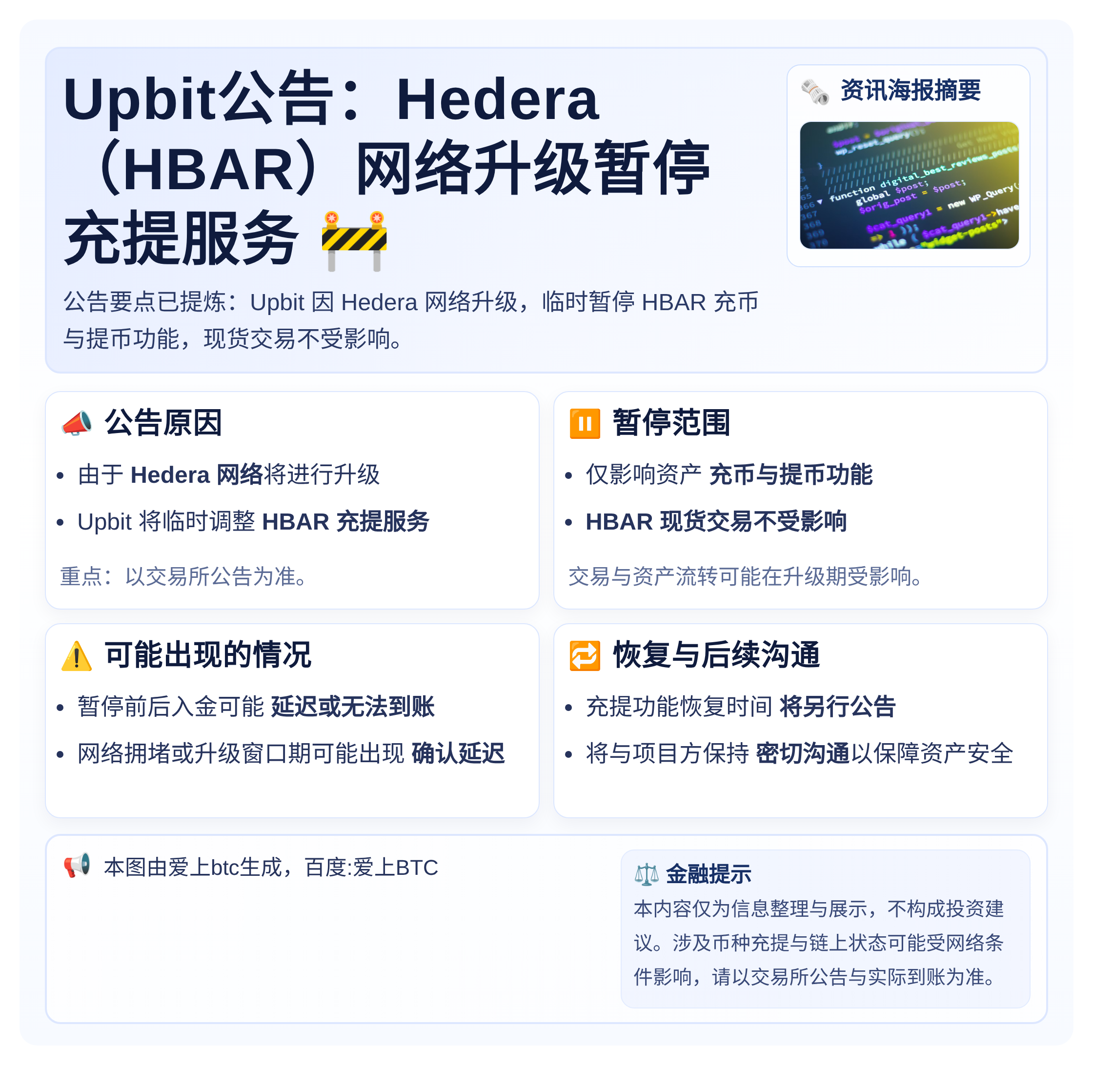 Upbit公告：Hedera（HBAR）网络升级暂停充提服务