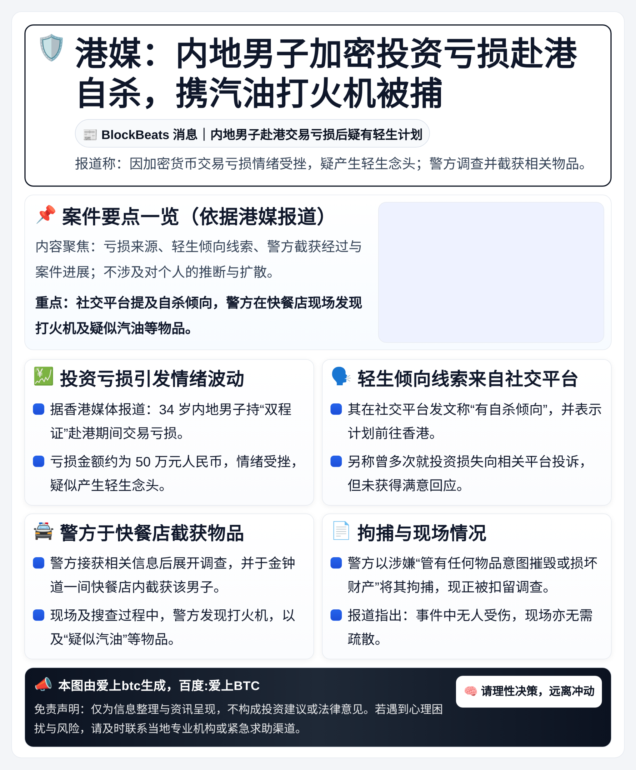 港媒：内地男子加密投资亏损赴港自杀，携汽油打火机被捕