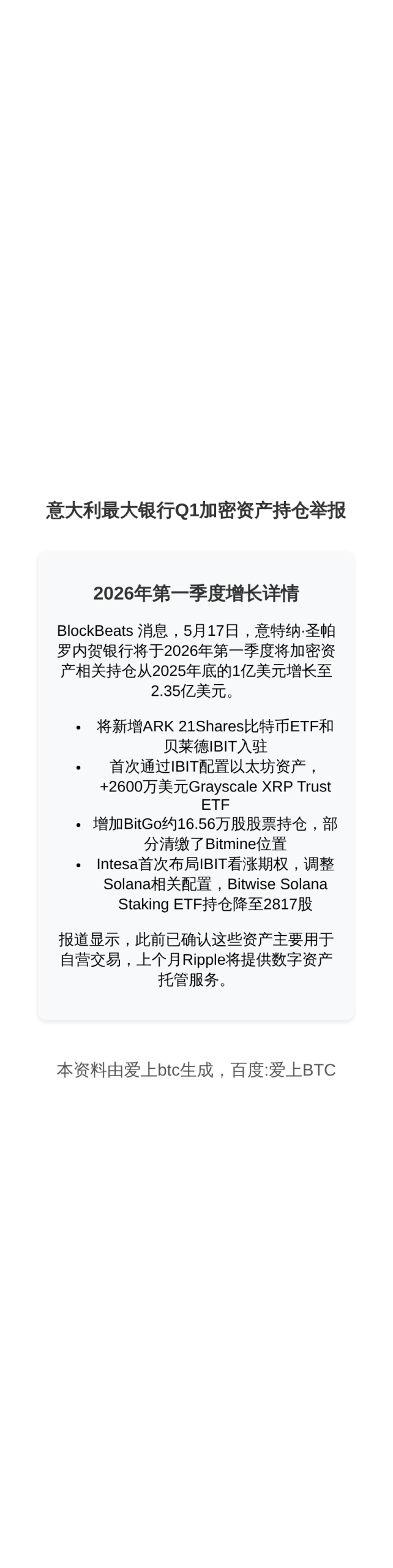 意大利最大银行Q1加密资产持仓러그 2.35亿美元