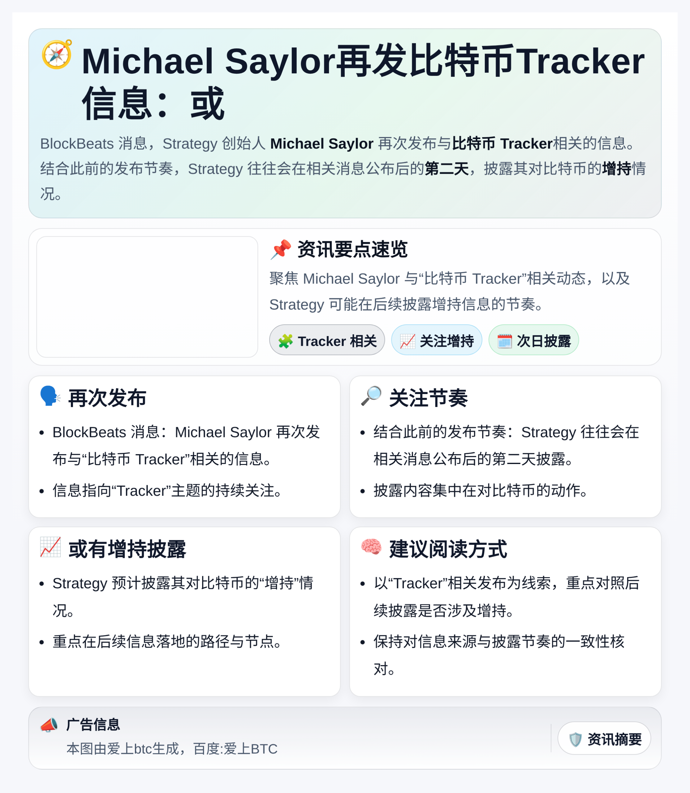Michael Saylor再发比特币Tracker信息：或