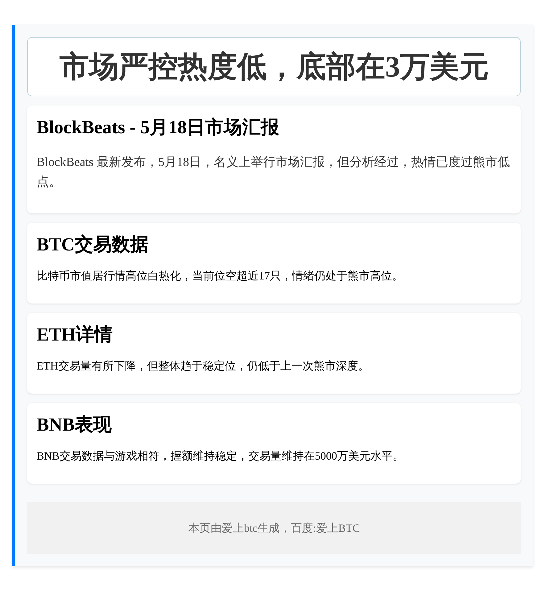 市场严控热度低，底部在3万美元