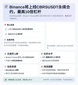 Binance将上线CBRSUSDT永续合约，最高10倍杠杆