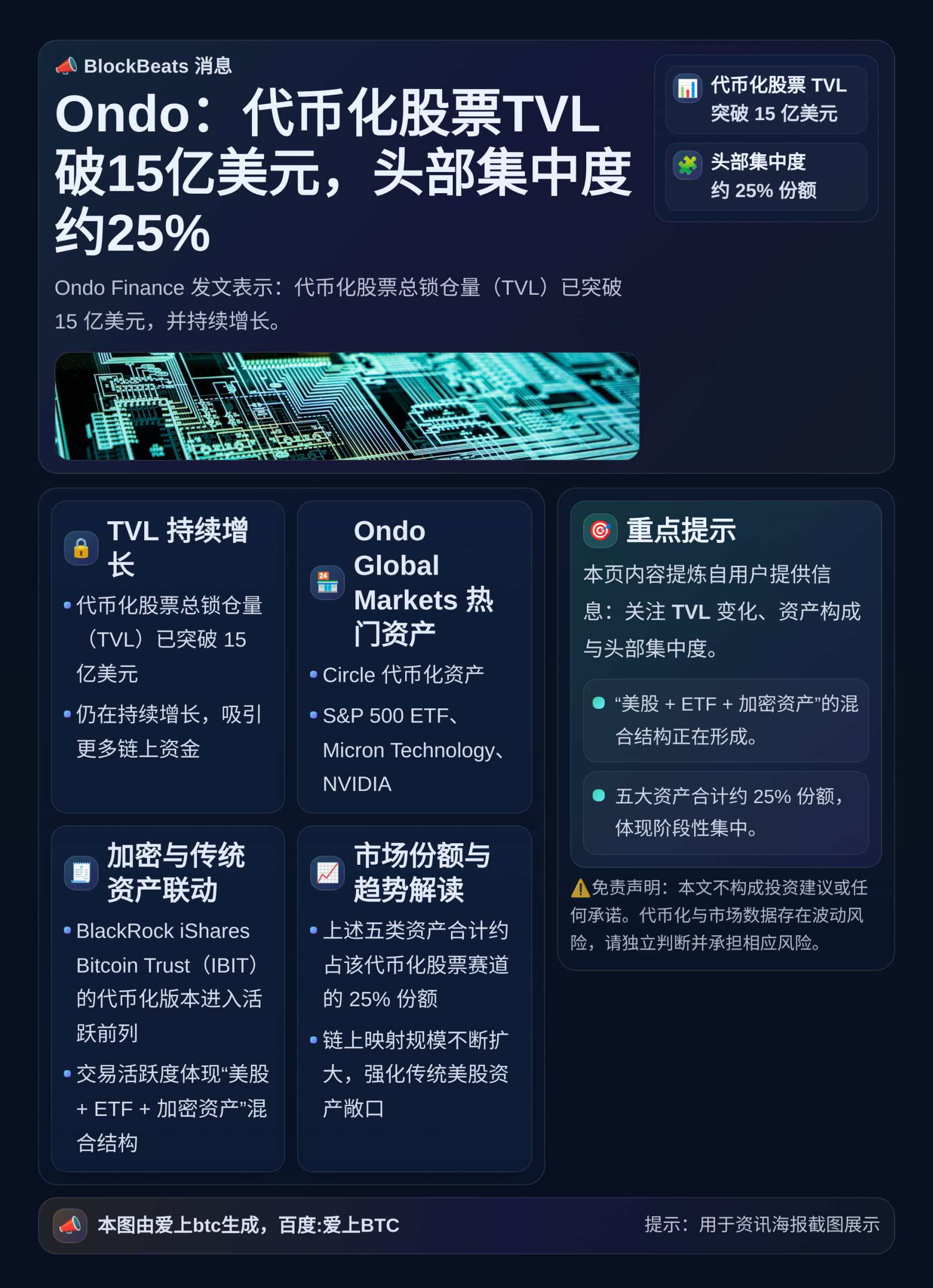 Ondo：代币化股票TVL破15亿美元，头部集中度约25%