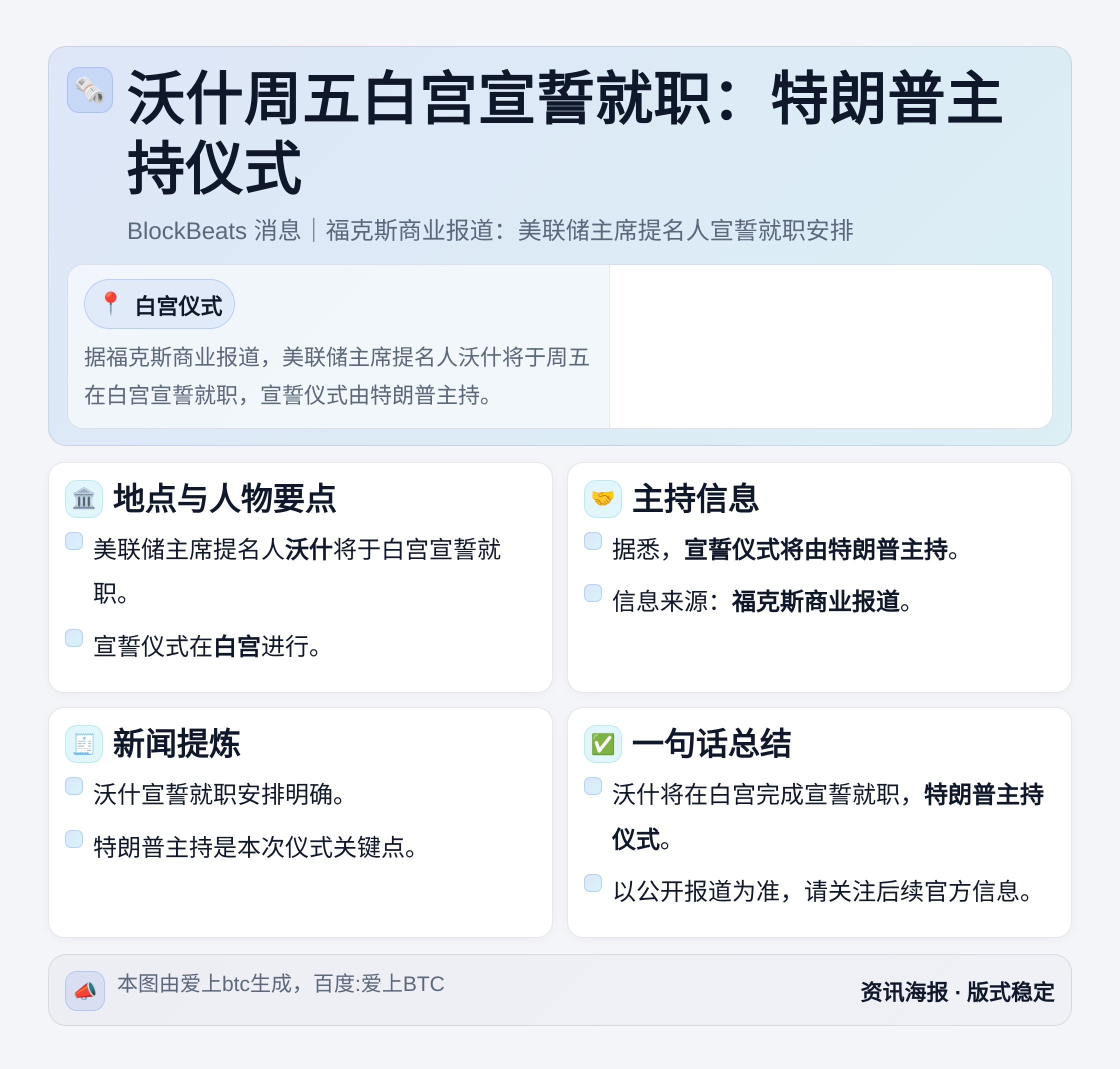 沃什周五白宫宣誓就职：特朗普主持仪式