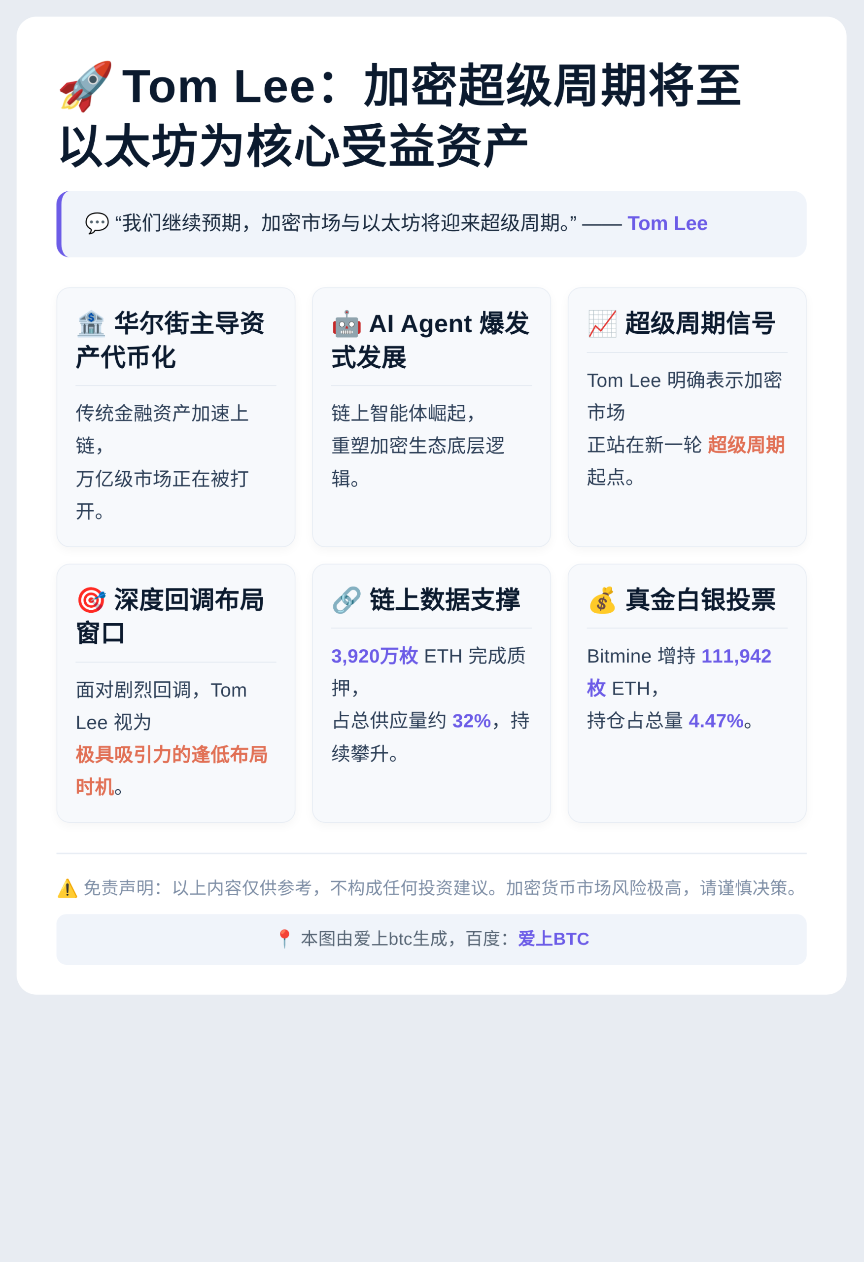 Tom Lee：加密超级周期将至，以太坊为核心受益资产