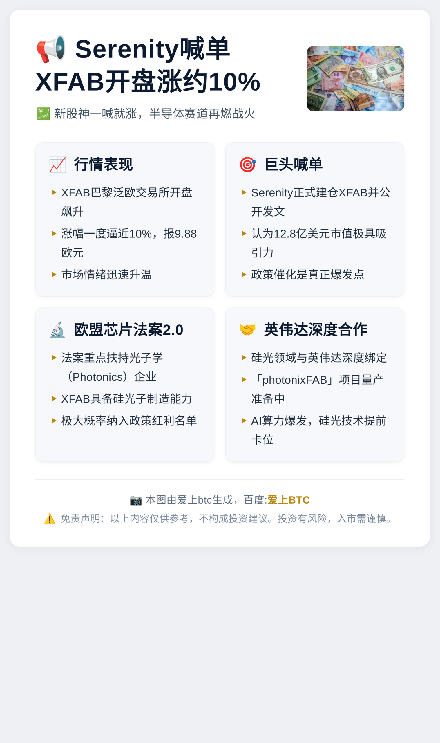 Serenity喊单XFAB开盘涨约10%