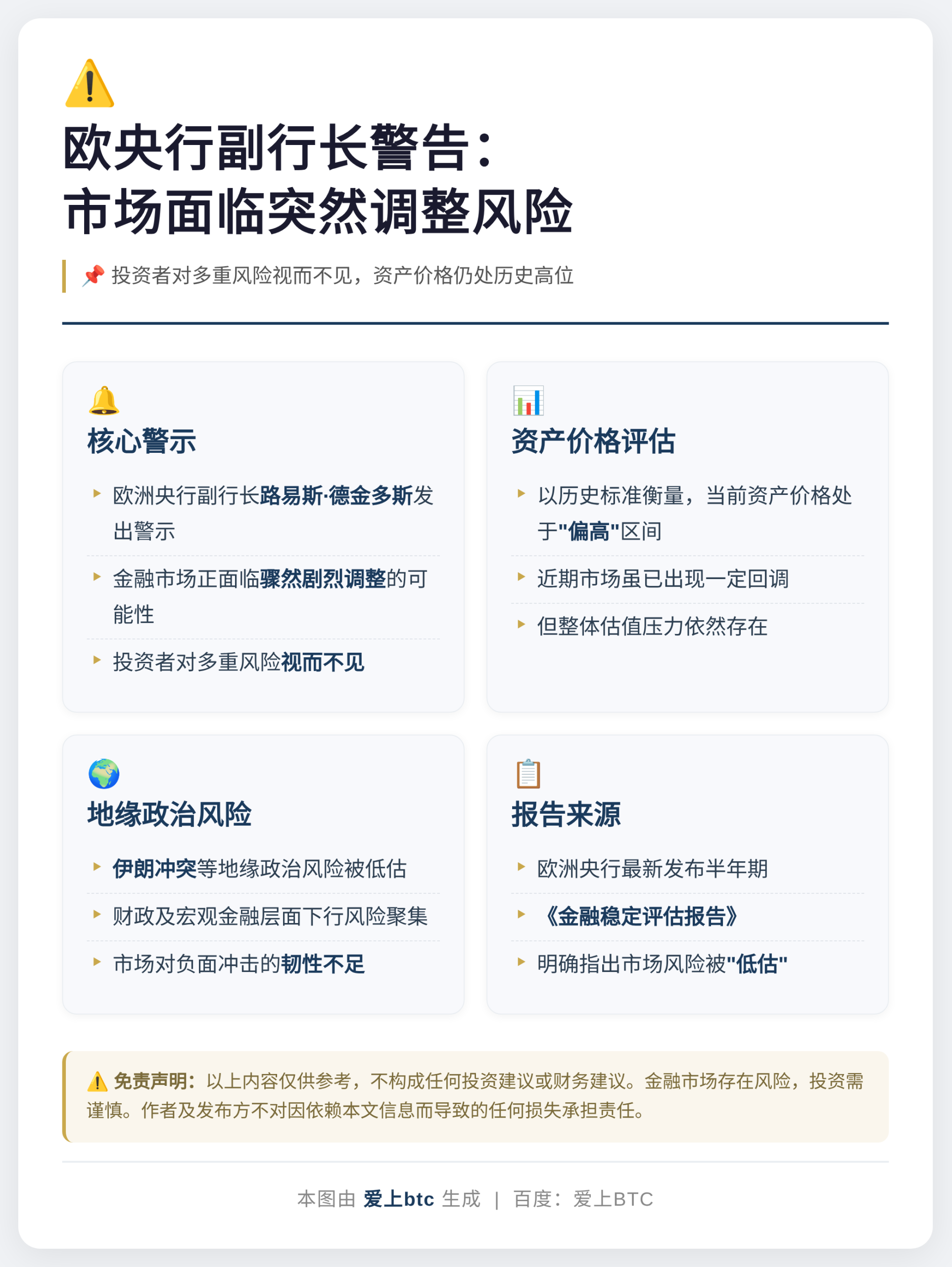 欧央行副行长警告：市场面临突然调整风险