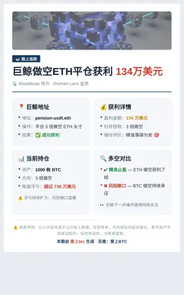 巨鲸做空ETH平仓获利134万美元