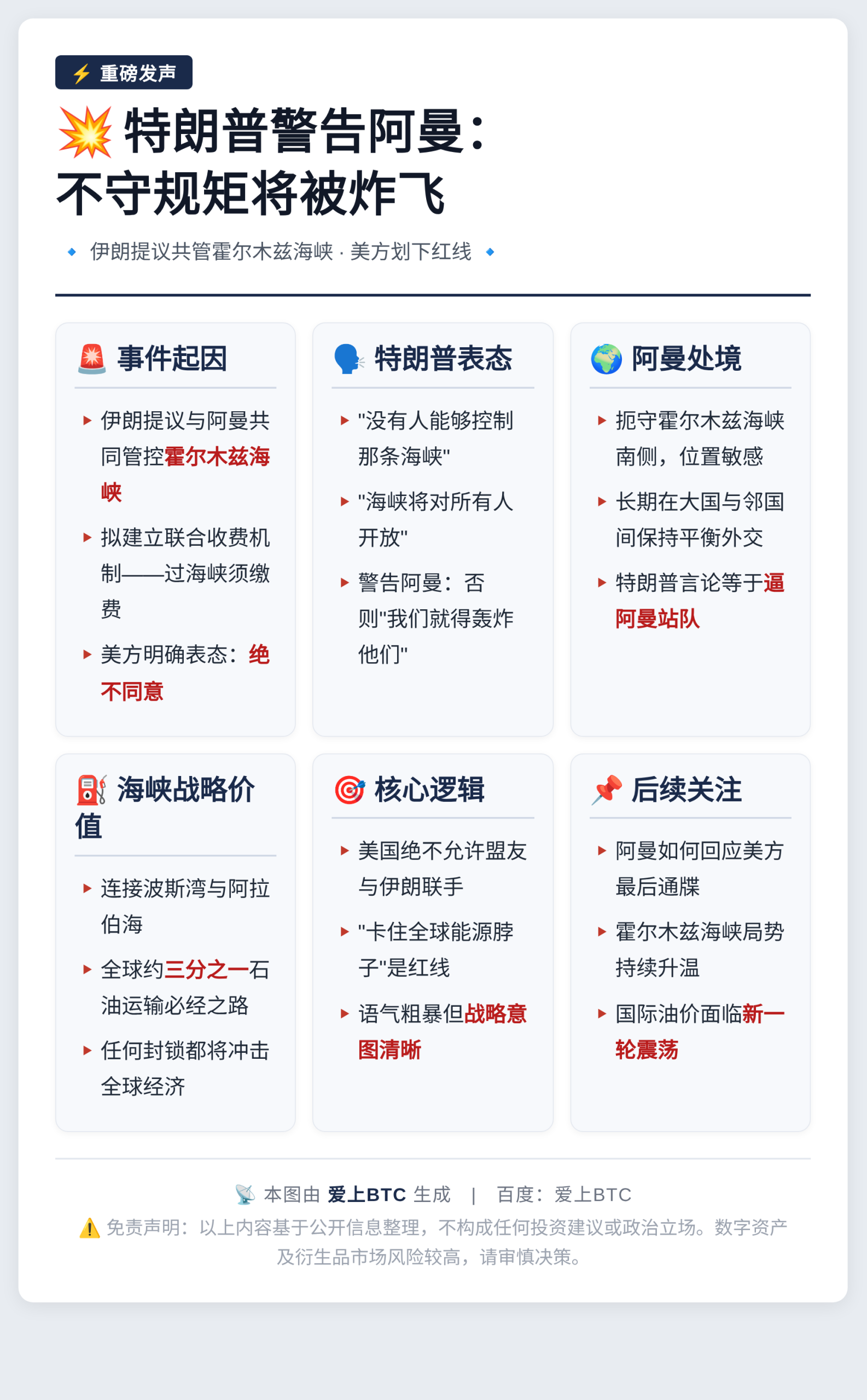 特朗普警告阿曼：不守规矩将被炸飞
