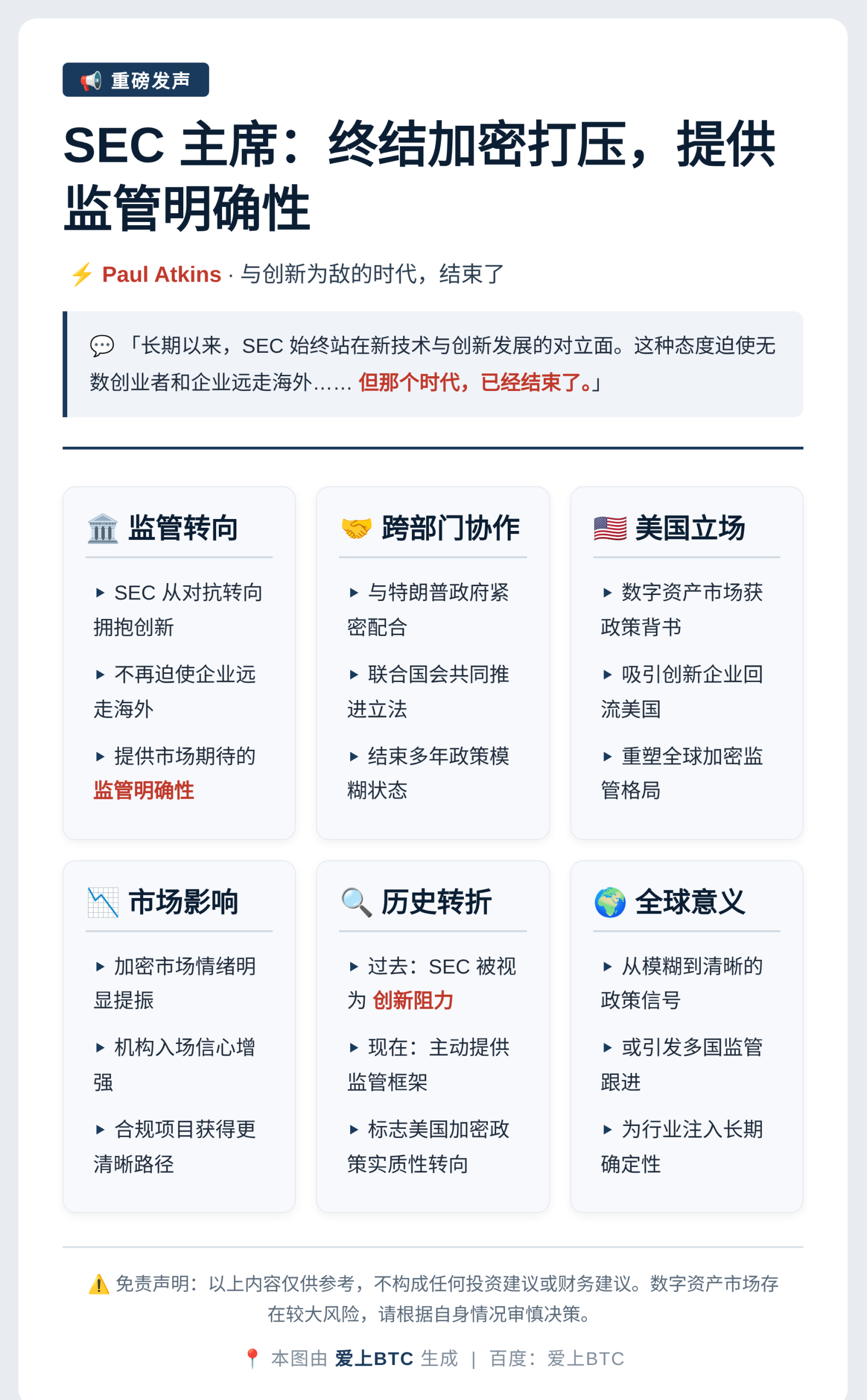 SEC主席：终结加密打压，提供监管明确性