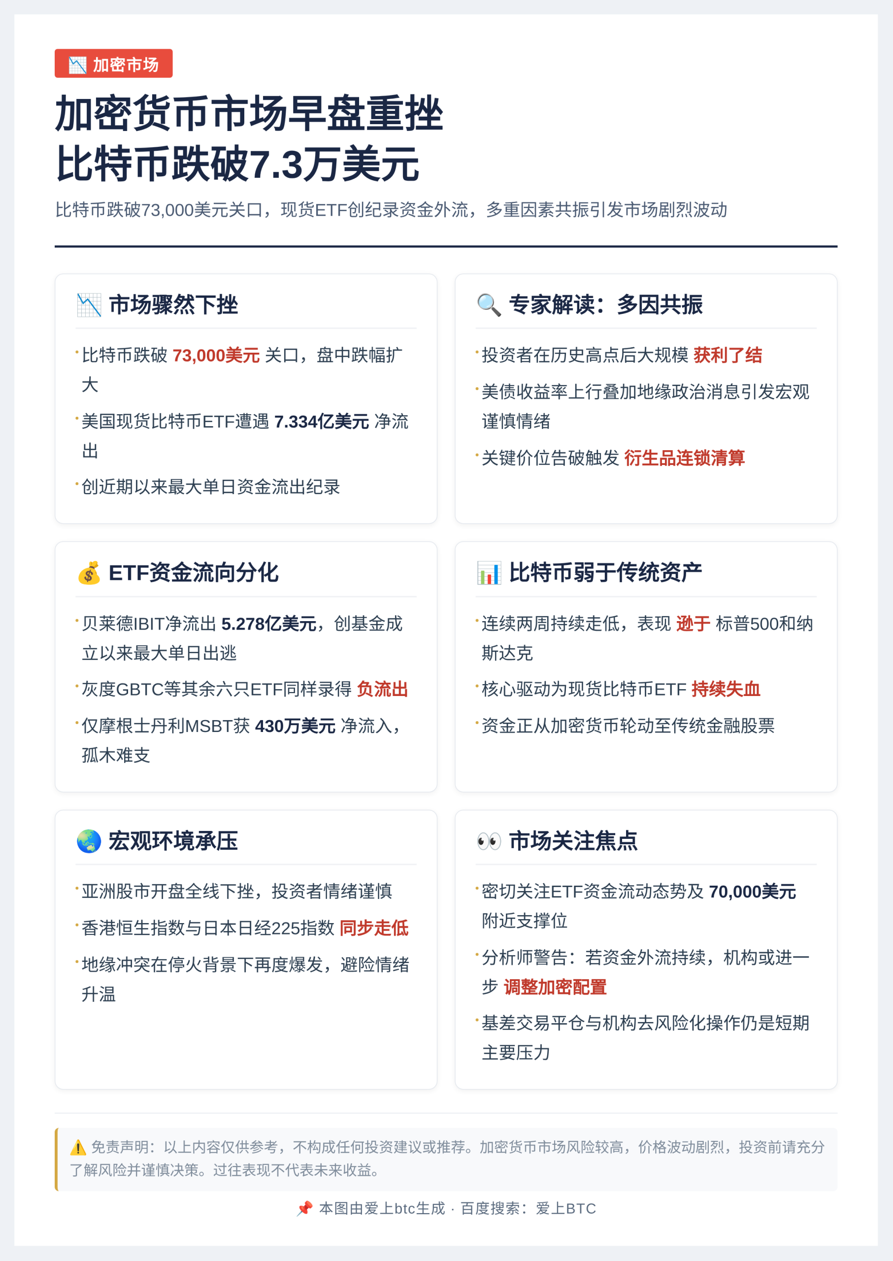 加密货币市场早盘重挫，比特币跌破7.3万美元