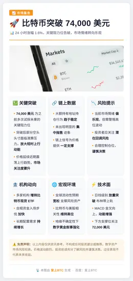 比特币突破74000美元，24小时涨1.6%