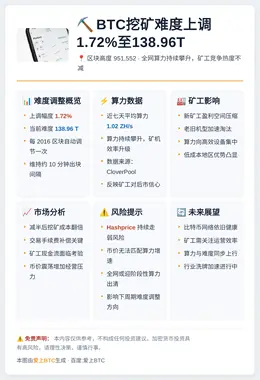BTC挖矿难度上调1.72%至138.96T