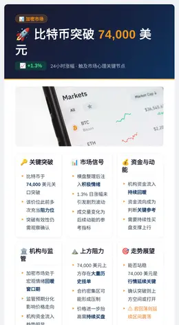 比特币突破74,000美元，24小时涨幅1.3%