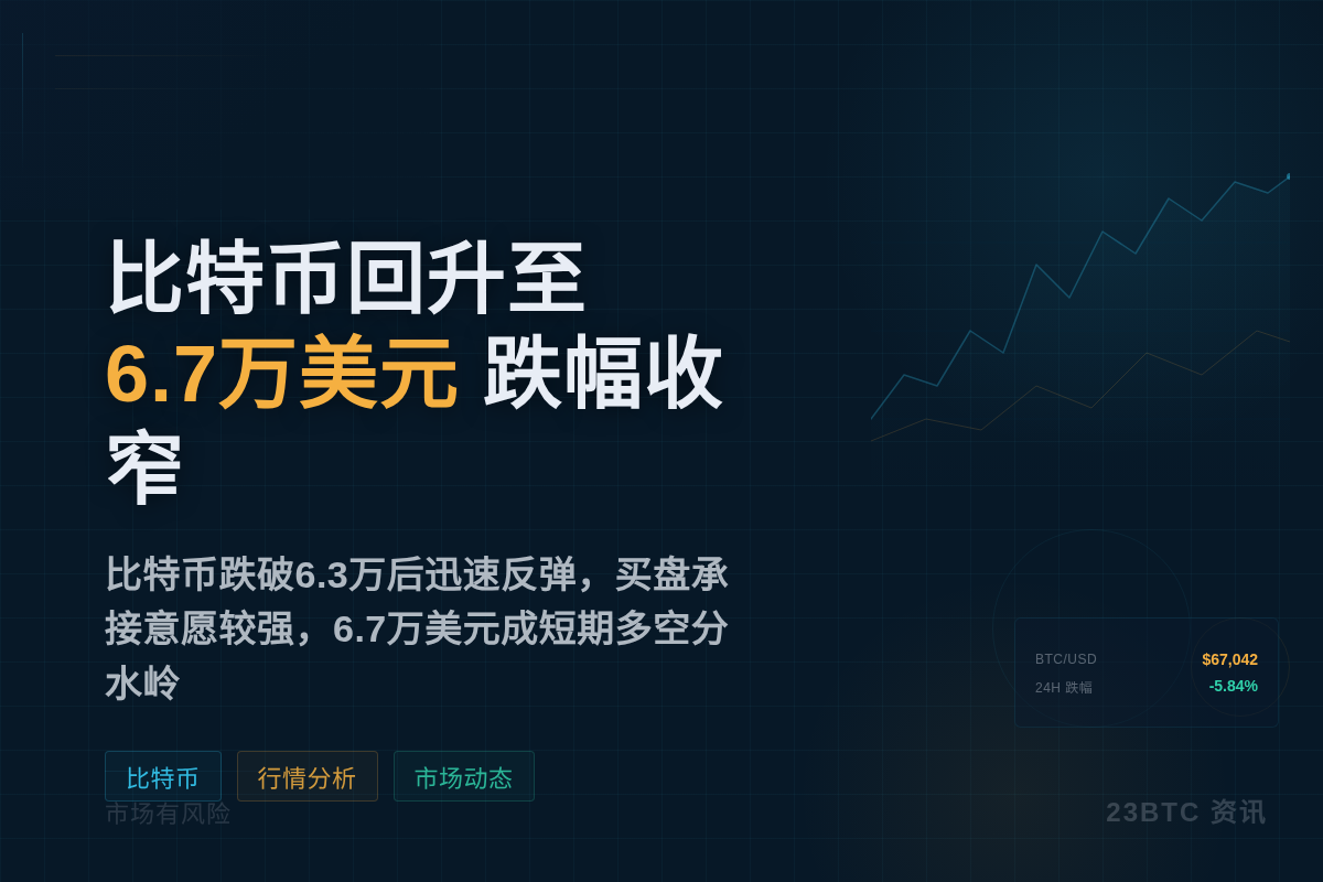 比特币回升至6.7万美元，跌幅收窄至5.84%