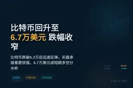 比特币回升至6.7万美元，跌幅收窄至5.84%