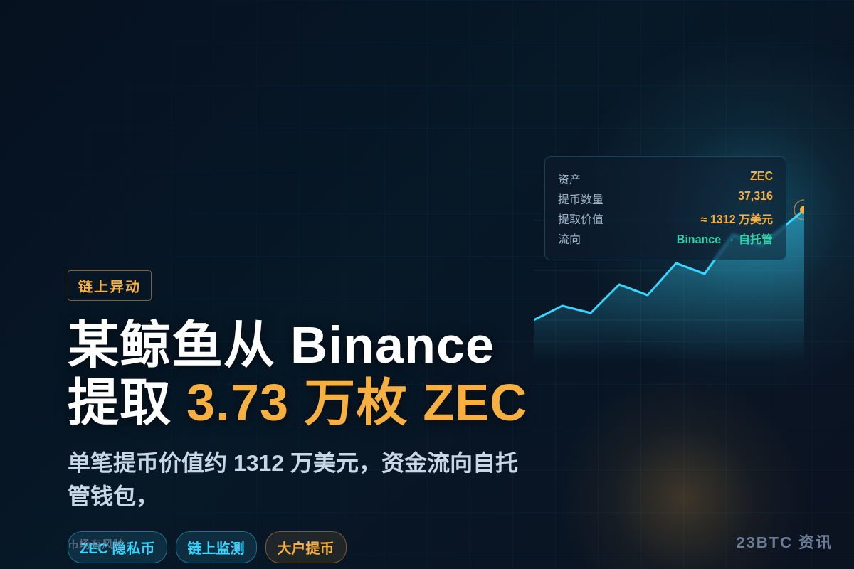 某鲸鱼从Binance提取3.73万枚ZEC，价值约1312