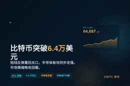 比特币突破6.4万美元，现报64087.49美元