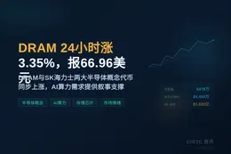 DRAM 24小时涨3.35%，报66.96美元