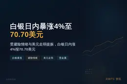 白银日内暴涨4%至70.70美元