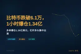 比特币跌破6.1万，1小时爆仓1.34亿
