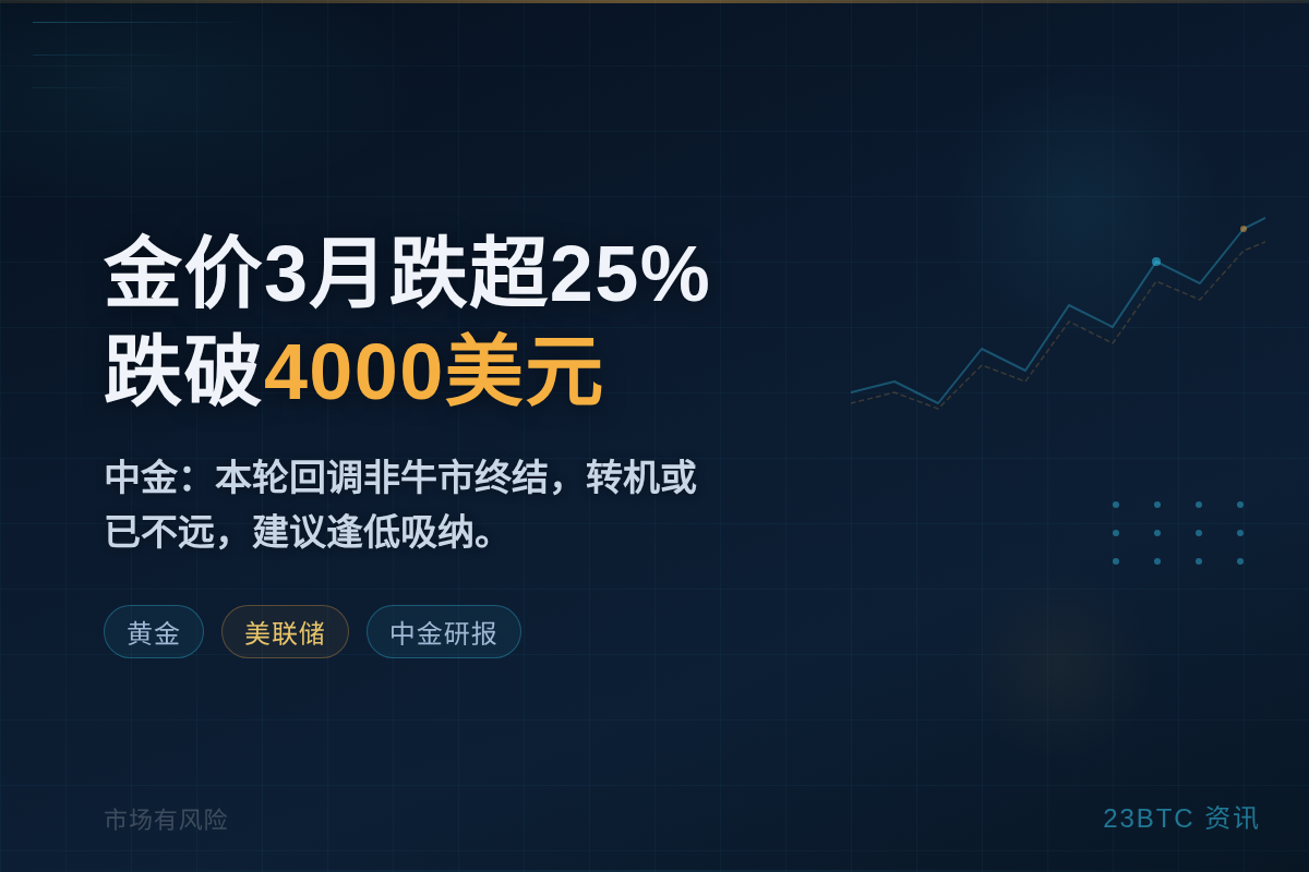 中金：金价3月跌超25%跌破4000美元