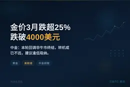 中金：金价3月跌超25%跌破4000美元