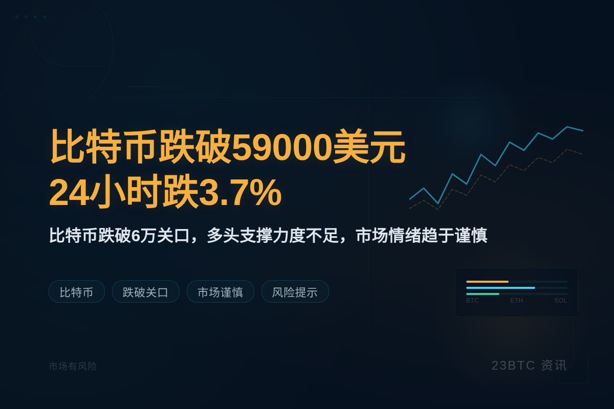 比特币跌破59000美元，24小时跌3.7%