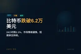 比特币跌破6.2万美元，24小时跌2.1%