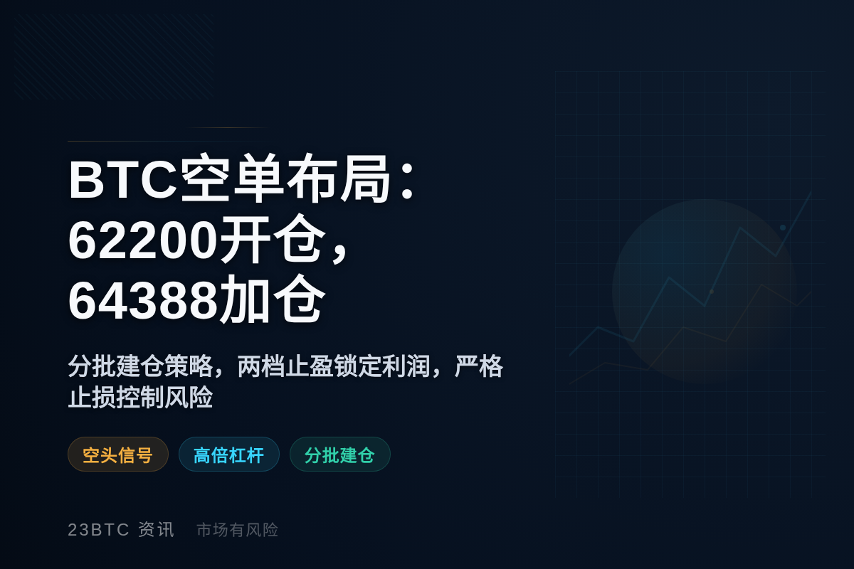 BTC空单布局：62200开仓，64388加仓，止盈61388/60300，止损65188。