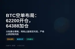 2026-07-09 15:39:33 BTC空单布局：62200开仓，64388加仓，止盈61388/60300，止损65188。