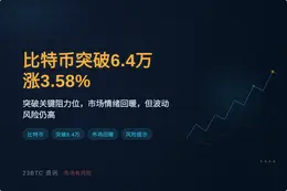 比特币突破6.4万，涨3.58%