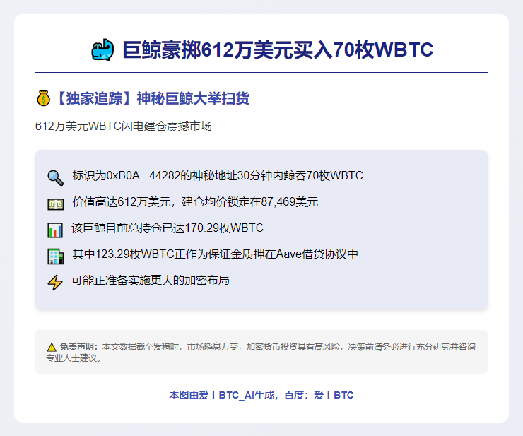 巨鲸豪掷612万美元买入70枚WBTC